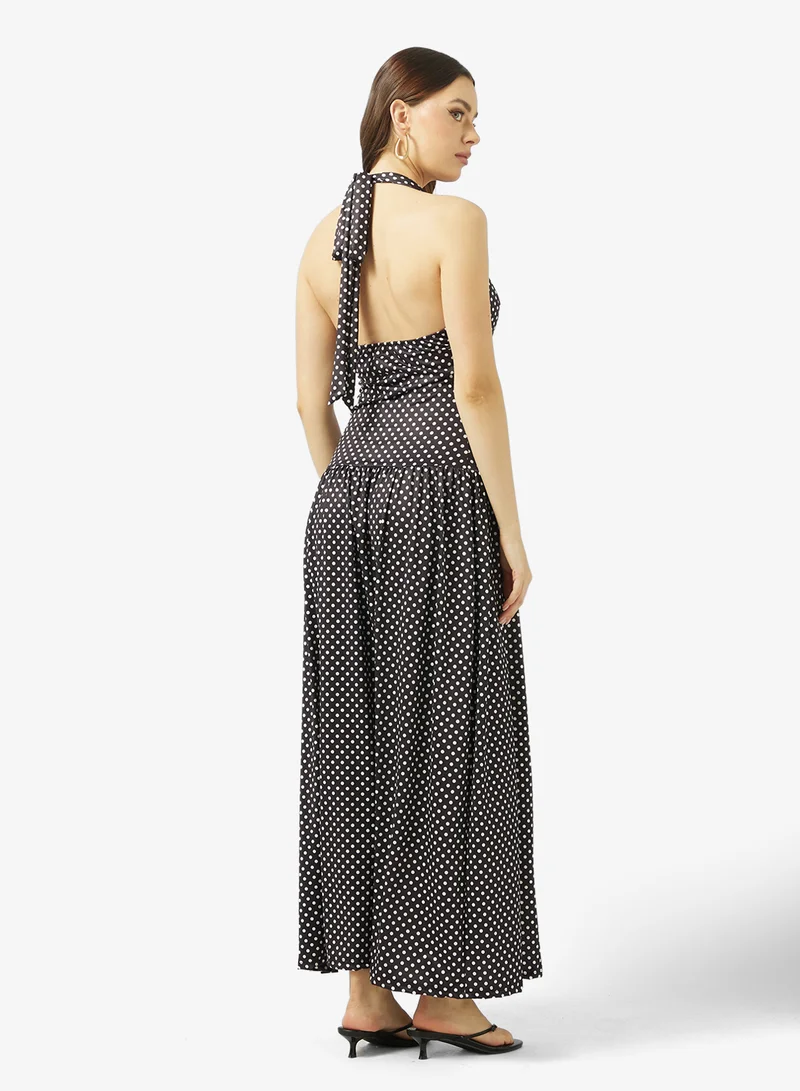 جينجر Halter Neck Polka Dot Dress with Slit
